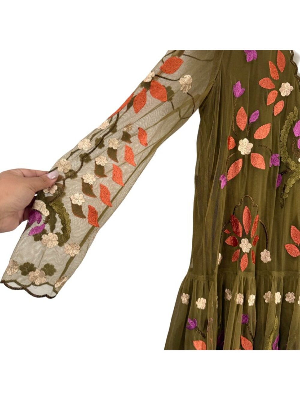Free People Olive Hearts Are Wild Floral Embroidered Mini Dress Womens Large - Picture 5 of 8